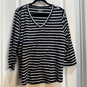 Chico’s Navy Blue/White Striped Tee Sz3(XL) vneck 3/4 Sleeves ArmpitTo Armpit23”
